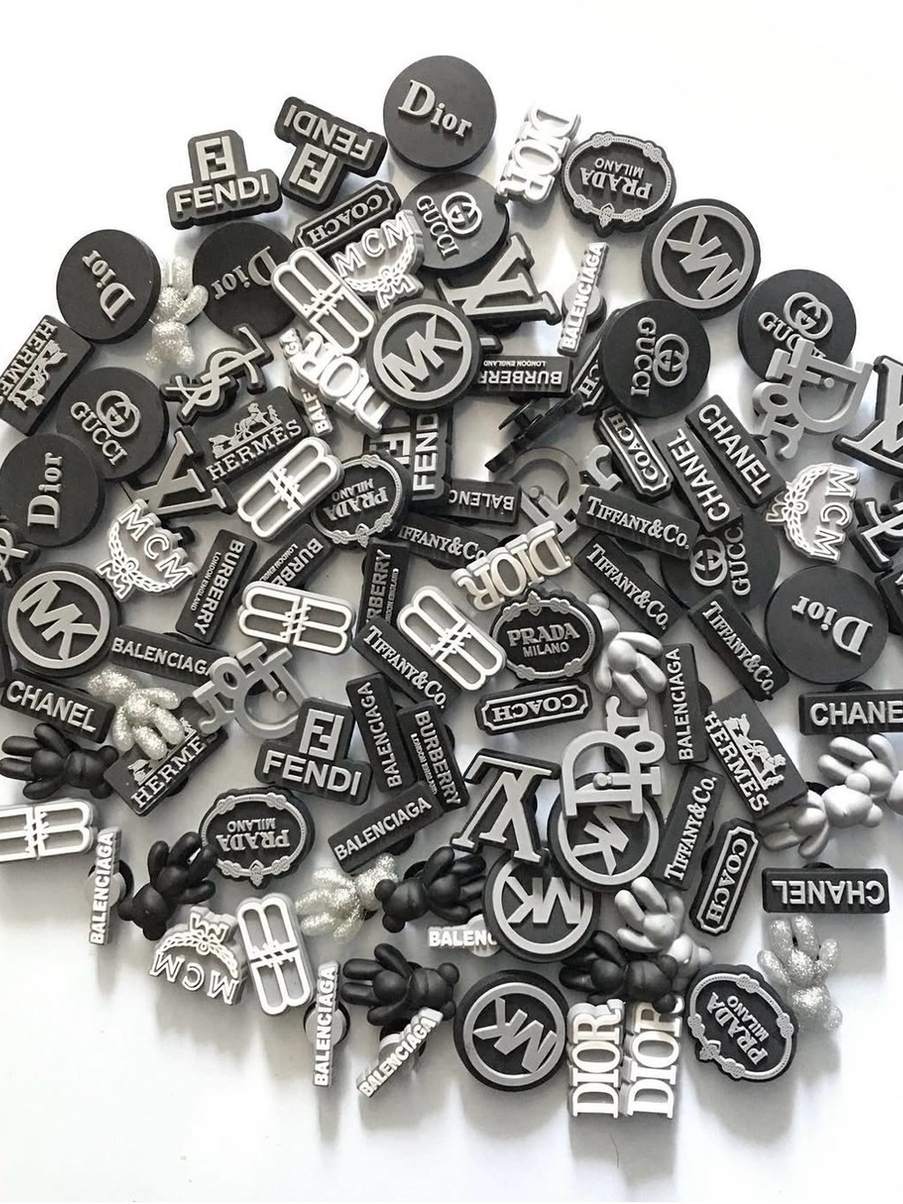 Mixed Designer Logo Shoe Charms - Black & Silver 10 RANDOM PICKED